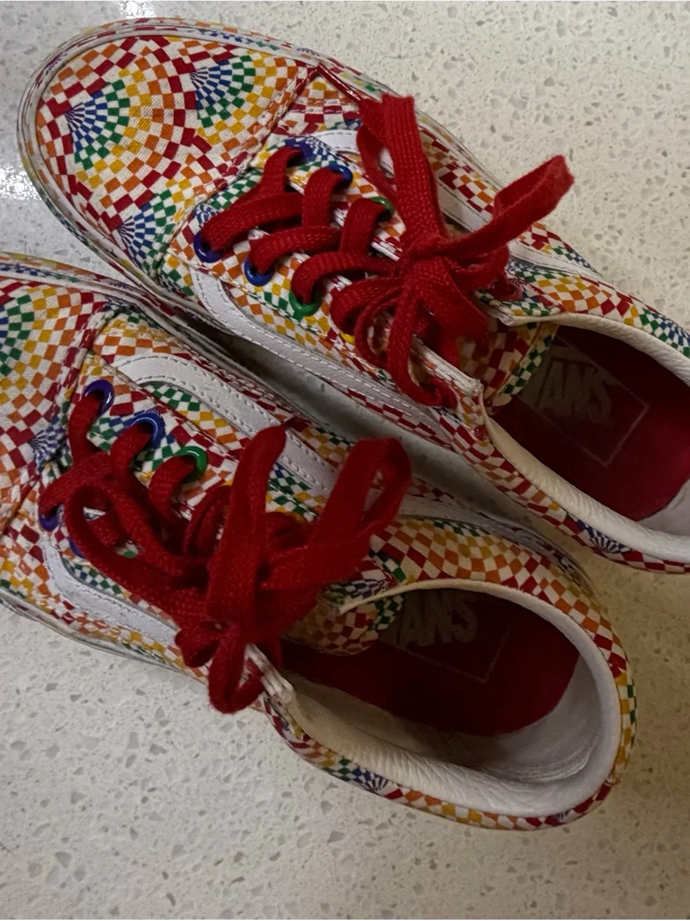 Vans Multicolor Checkerboard Low Top Sneakers with Red Laces - Picture 2 of 4